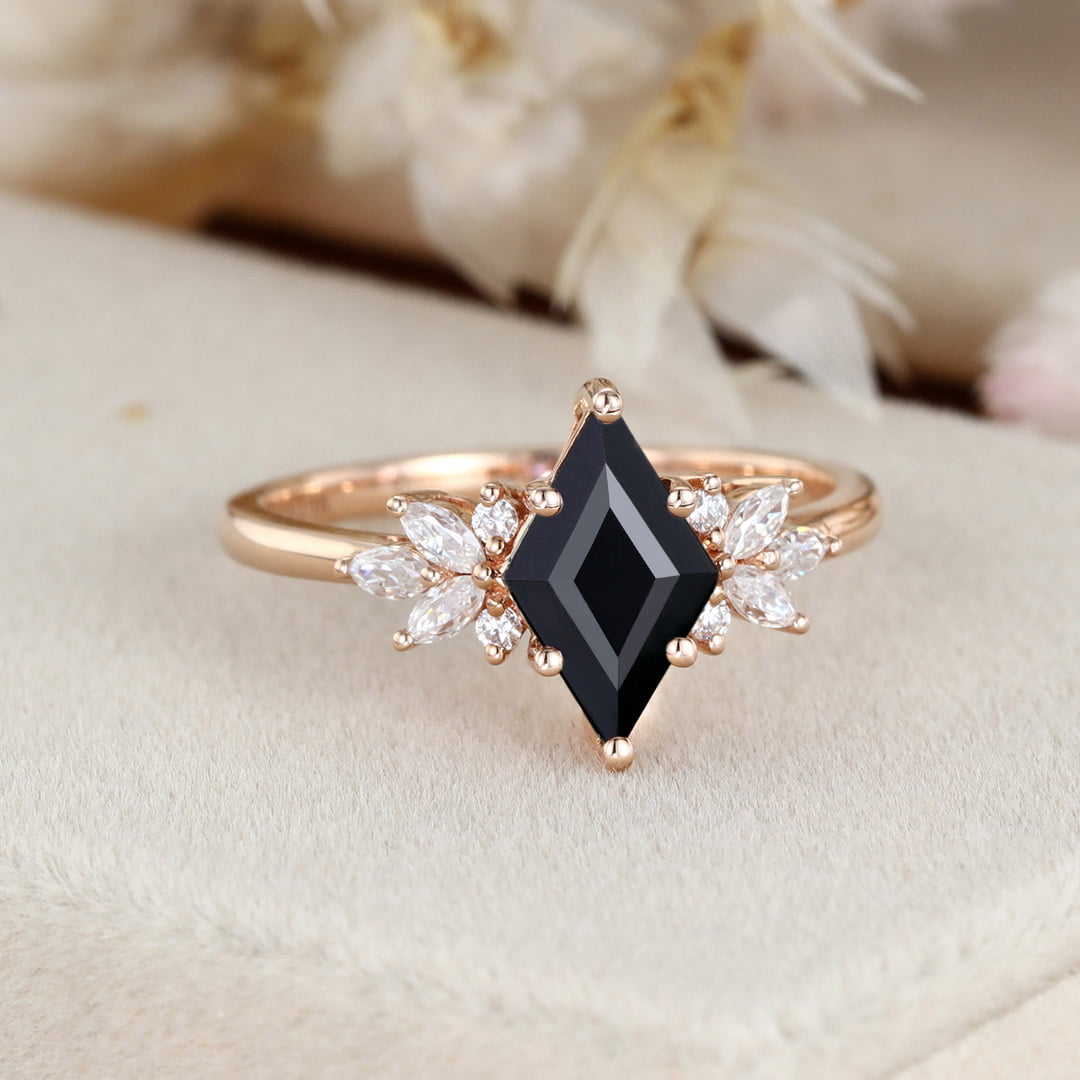 Unique Rhombus black onyx engagement ring Vintage 14K Rose gold Marquise Moissanite ring art deco diamond wedding band anniversary gift