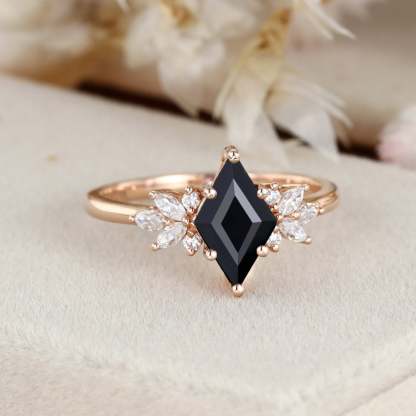 Unique Rhombus black onyx engagement ring Vintage 14K Rose gold Marquise Moissanite ring art deco diamond wedding band anniversary gift