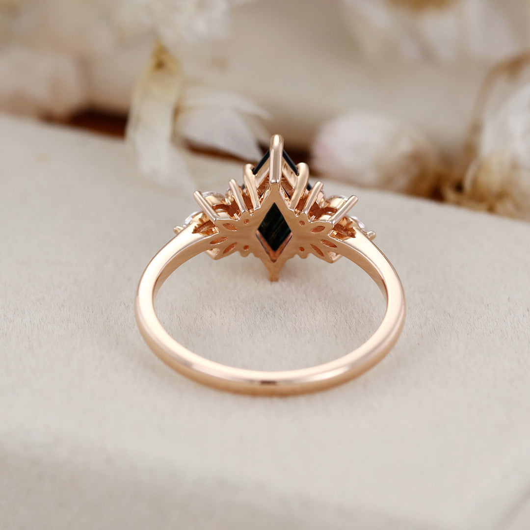 Unique Rhombus black onyx engagement ring Vintage 14K Rose gold Marquise Moissanite ring art deco diamond wedding band anniversary gift