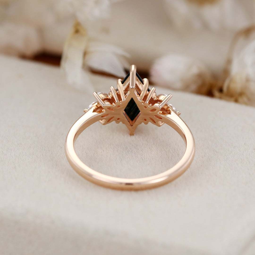 Unique Rhombus black onyx engagement ring Vintage 14K Rose gold Marquise Moissanite ring art deco diamond wedding band anniversary gift