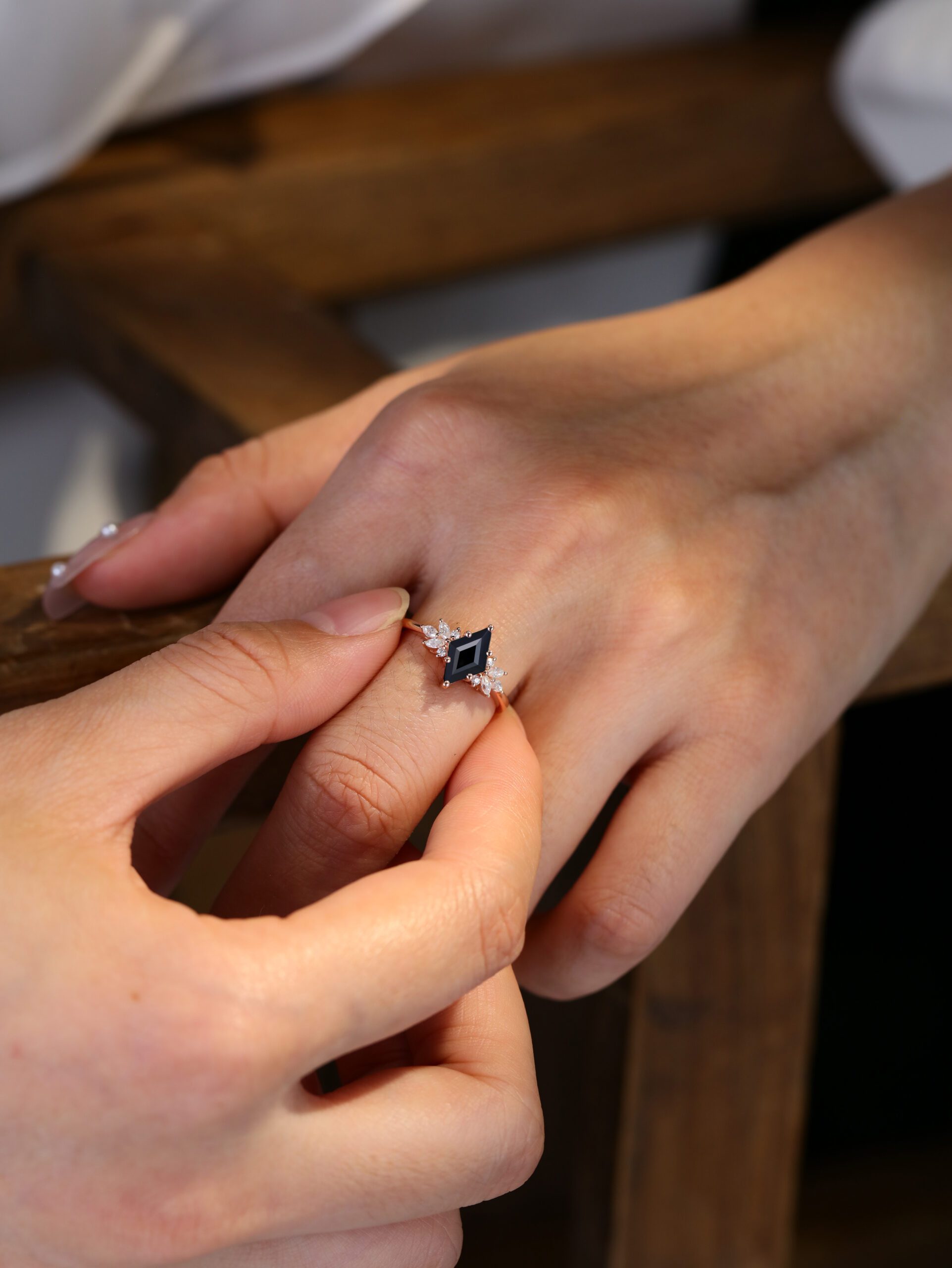 Unique Rhombus black onyx engagement ring Vintage 14K Rose gold Marquise Moissanite ring art deco diamond wedding band anniversary gift