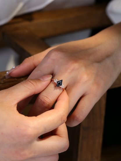 Unique Rhombus black onyx engagement ring Vintage 14K Rose gold Marquise Moissanite ring art deco diamond wedding band anniversary gift