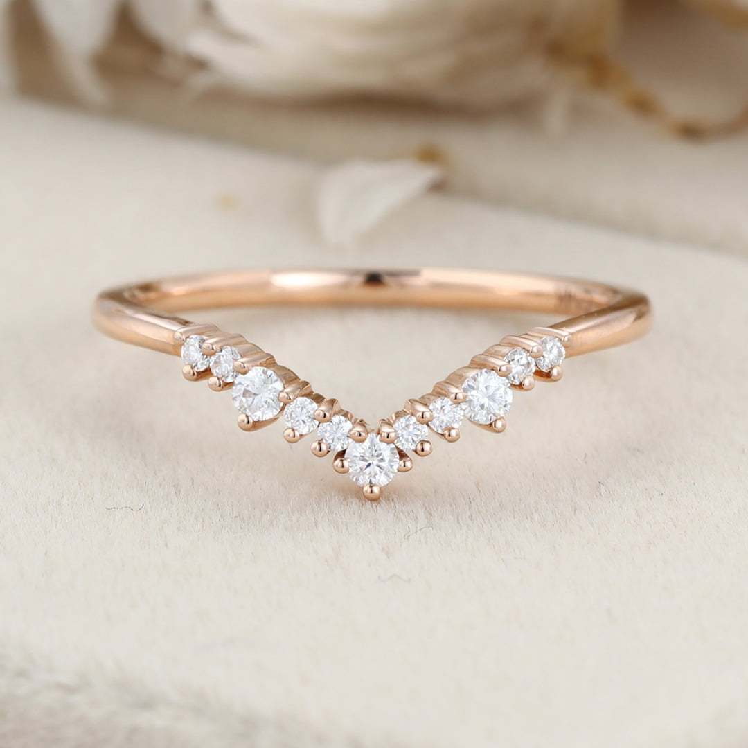 Unique Rose gold moissanite wedding band Curved Diamond wedding ring Vintage wedding band matching band Bridal promise Anniversary gift
