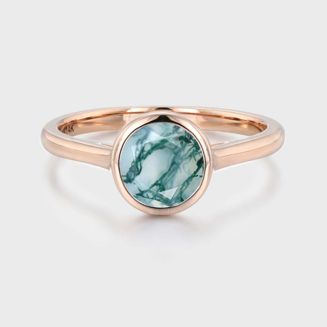 6.5mm Round Cut Moss Agate Bezel Ring Vintage 14K Rose Gold Engagement Ring Bezel Set Ring