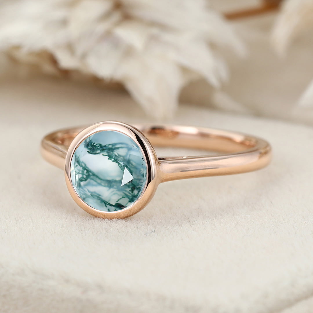 Unique Round Cut Moss Agate Engagement Ring Art Deco Rose Gold Bezel Set Ring Moss Agate Bezel Ring Promise Anniversary Gift ring