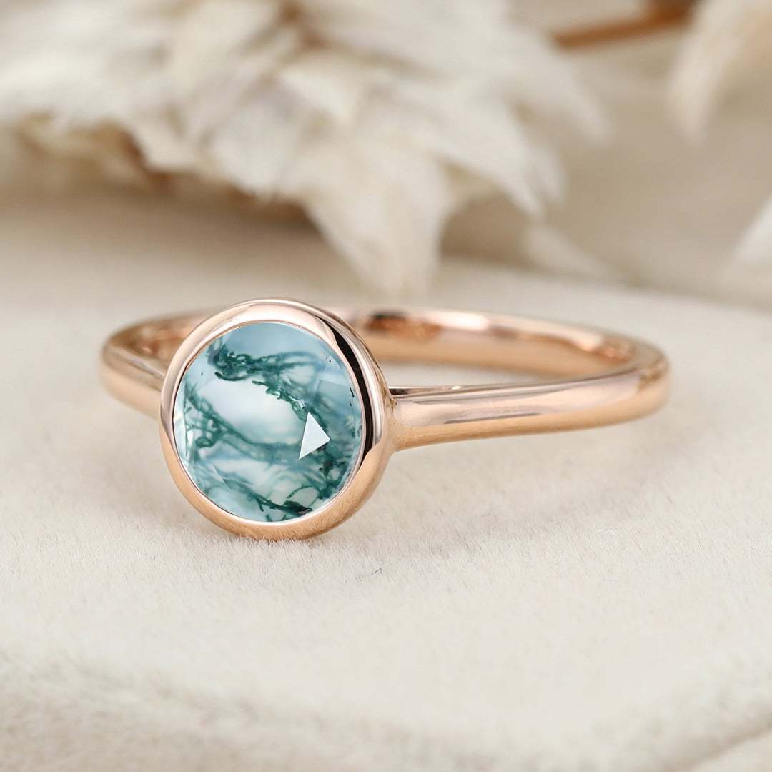Unique Round Cut Moss Agate Engagement Ring Art Deco Rose Gold Bezel Set Ring Moss Agate Bezel Ring Promise Anniversary Gift ring