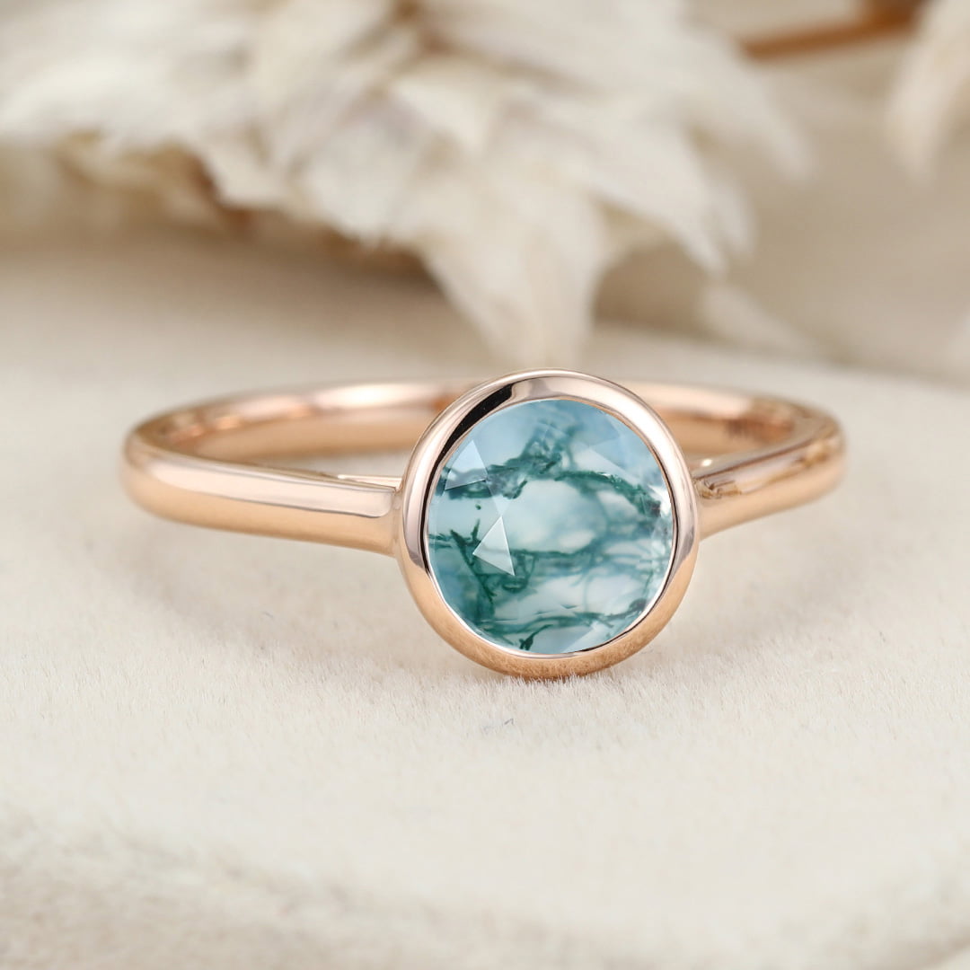 Unique Round Cut Moss Agate Engagement Ring Art Deco Rose Gold Bezel Set Ring Moss Agate Bezel Ring Promise Anniversary Gift ring