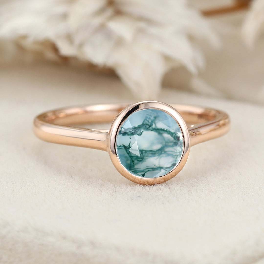 Unique Round Cut Moss Agate Engagement Ring Art Deco Rose Gold Bezel Set Ring Moss Agate Bezel Ring Promise Anniversary Gift ring