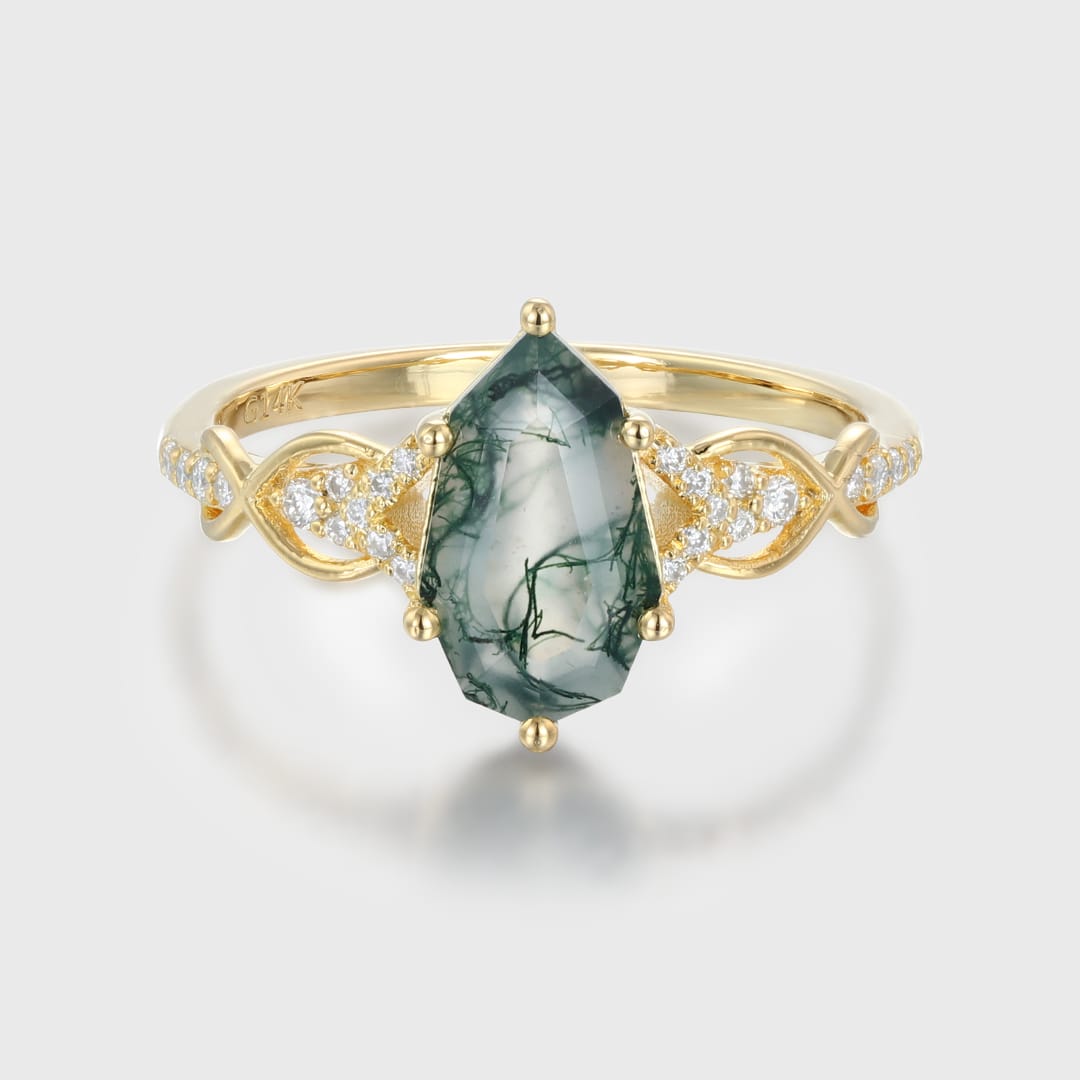 Unique Shield Cut Green Moss Agate Engagement Ring Natural Moss Agate Engagement Ring 14K Yellow Gold Wedding Ring Gift for Women