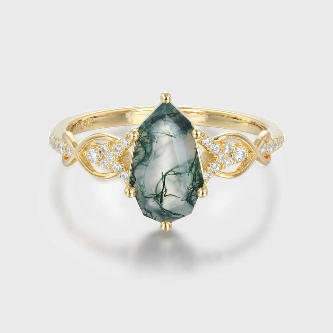 Unique Shield Cut Green Moss Agate Engagement Ring Natural Moss Agate Engagement Ring 14K Yellow Gold Wedding Ring Gift for Women
