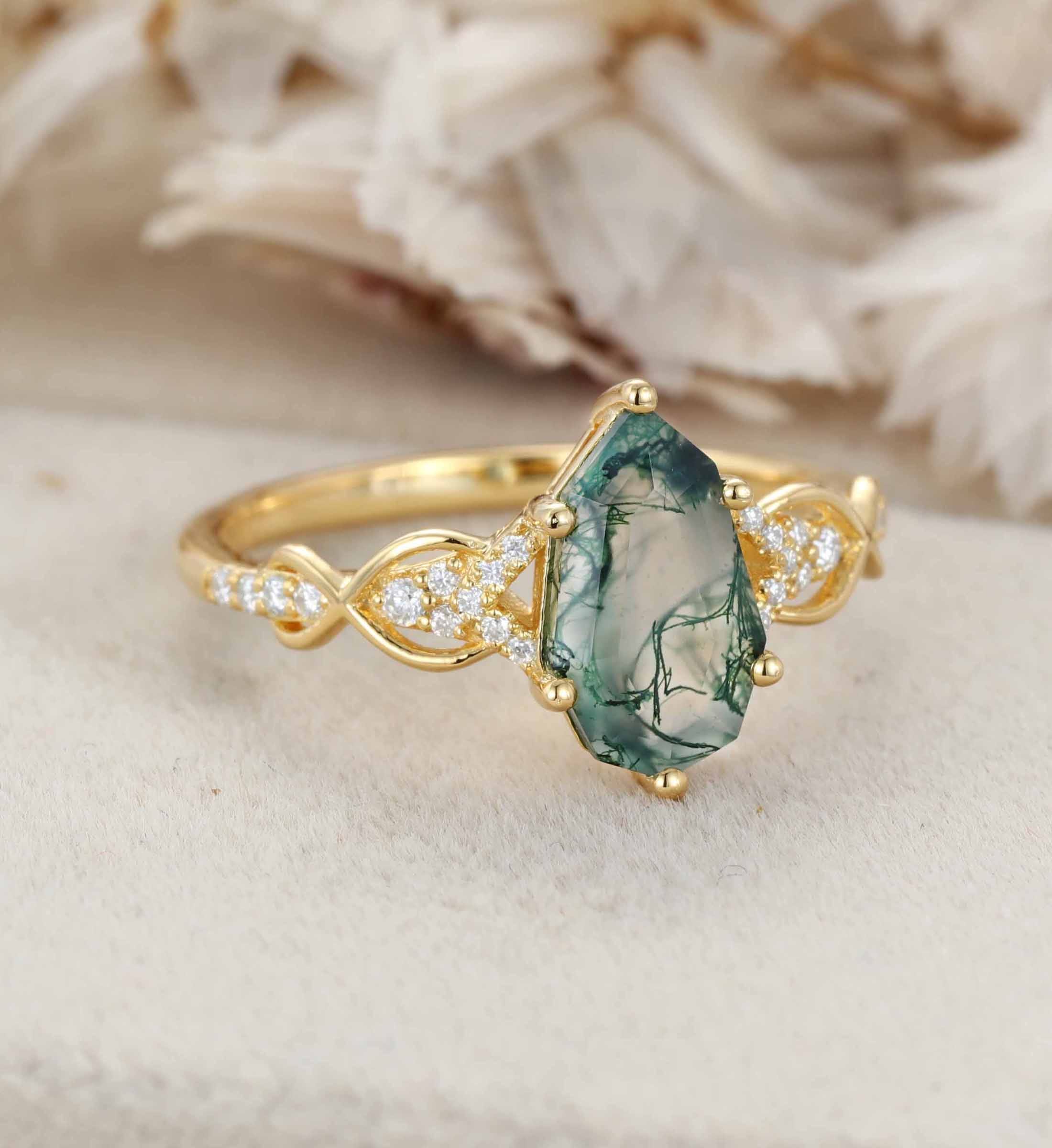 Unique Shield Cut Green Moss Agate Engagement Ring Natural Moss Agate Engagement Ring 14K Yellow Gold Wedding Ring Gift for Women
