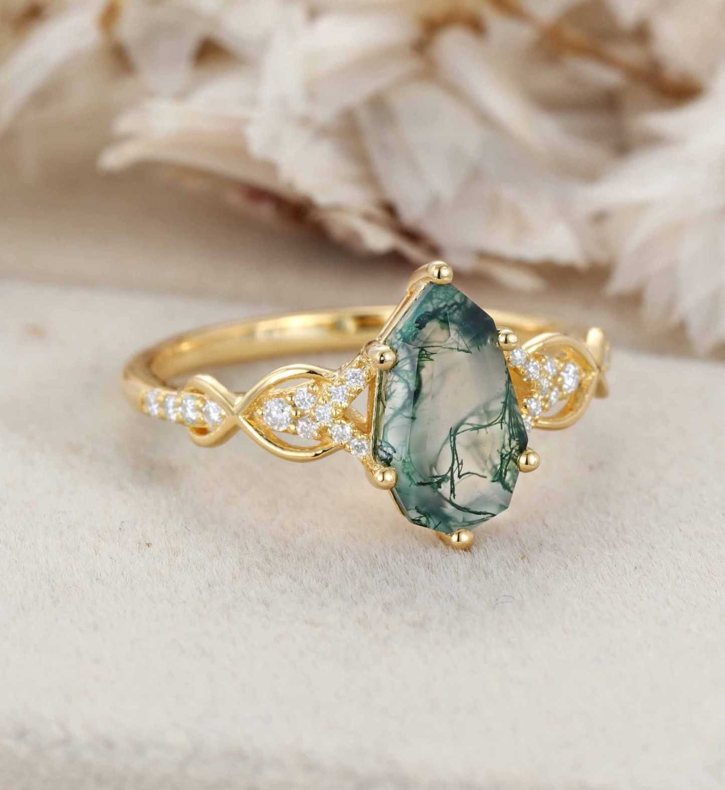 Unique Shield Cut Green Moss Agate Engagement Ring Natural Moss Agate Engagement Ring 14K Yellow Gold Wedding Ring Gift for Women