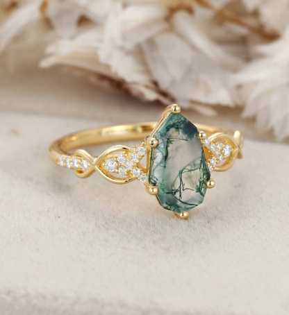 Unique Shield Cut Green Moss Agate Engagement Ring Natural Moss Agate Engagement Ring 14K Yellow Gold Wedding Ring Gift for Women
