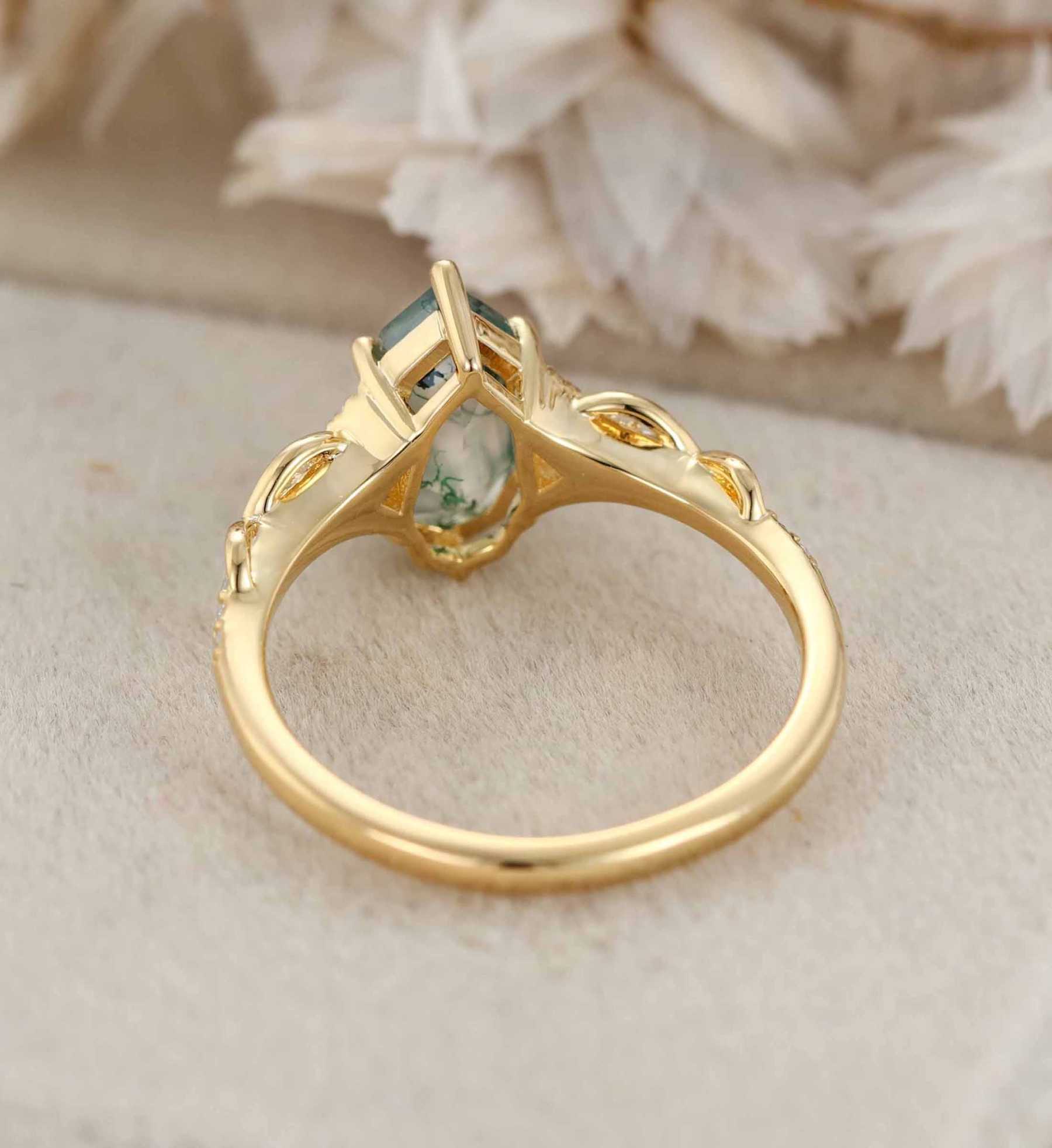 Unique Shield Cut Green Moss Agate Engagement Ring Natural Moss Agate Engagement Ring 14K Yellow Gold Wedding Ring Gift for Women