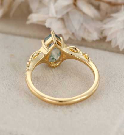 Unique Shield Cut Green Moss Agate Engagement Ring Natural Moss Agate Engagement Ring 14K Yellow Gold Wedding Ring Gift for Women
