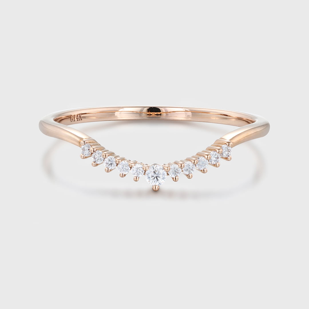 Unique Simple Diamond wedding band women Stacking ring Rose gold Curved wedding band Handmade Matching band custom Promise gift for her