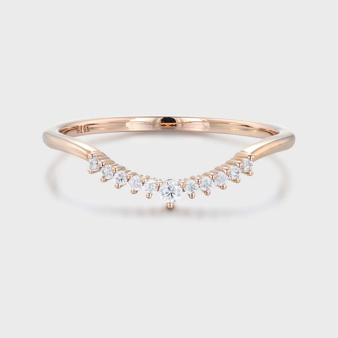 Unique Simple Diamond wedding band women Stacking ring Rose gold Curved wedding band Handmade Matching band custom Promise gift for her