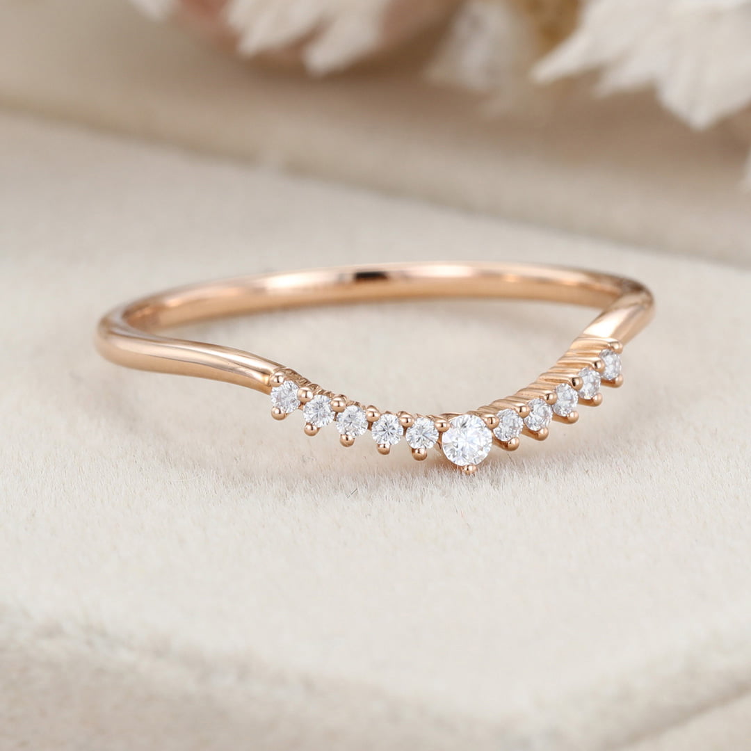 Unique Simple Diamond wedding band women Stacking ring Rose gold Curved wedding band Handmade Matching band custom Promise gift for her