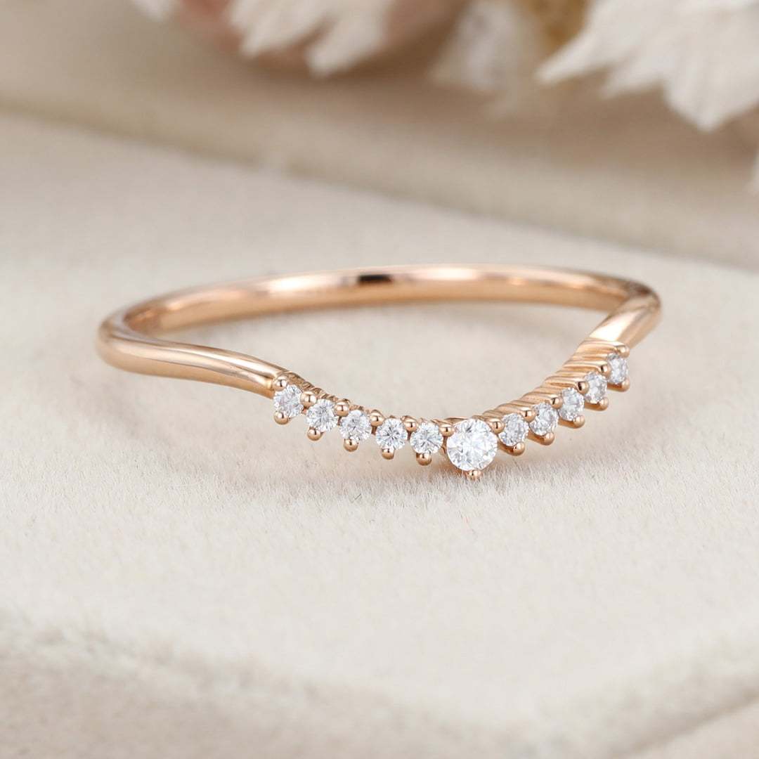 Unique Simple Diamond wedding band women Stacking ring Rose gold Curved wedding band Handmade Matching band custom Promise gift for her
