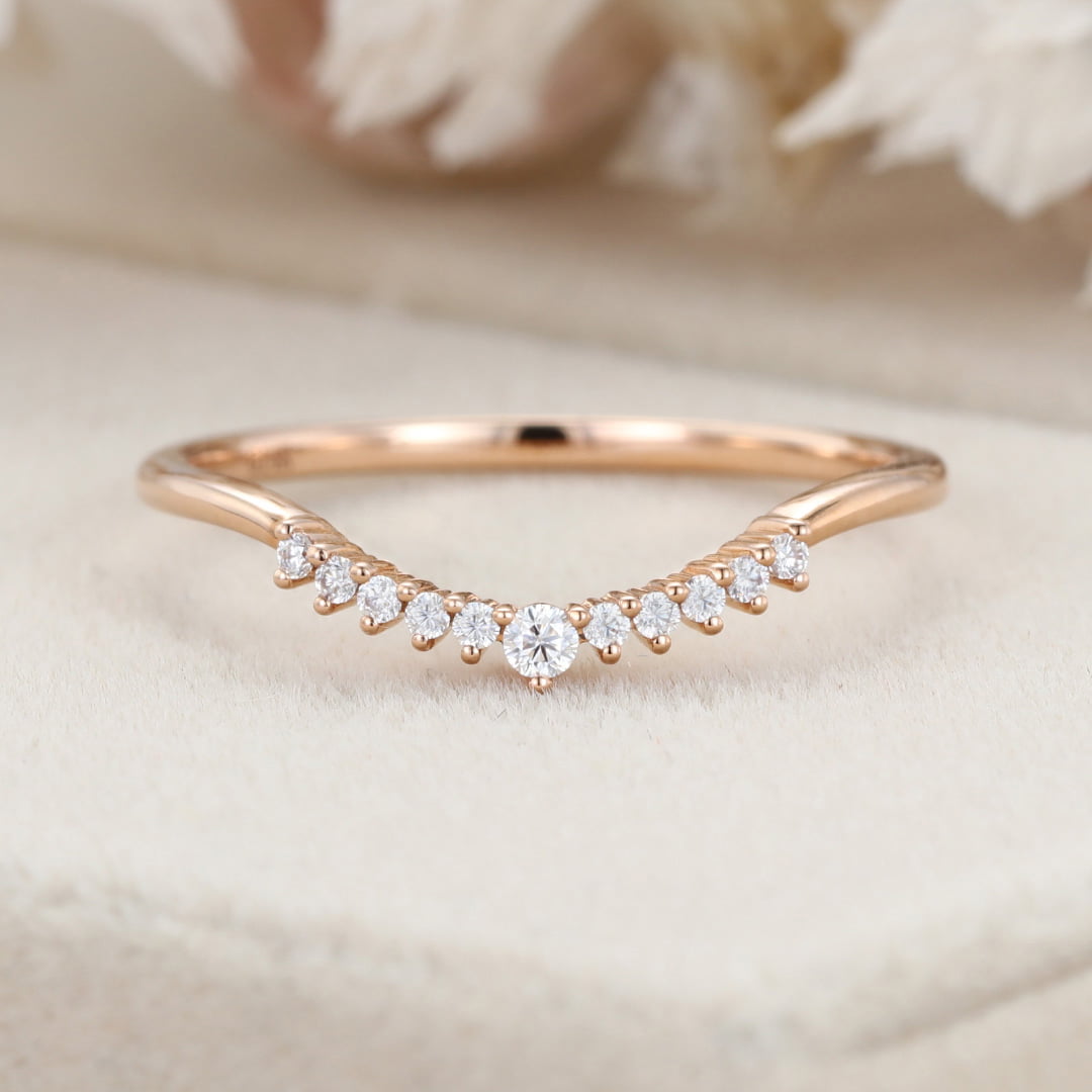 Unique Simple Diamond wedding band women Stacking ring Rose gold Curved wedding band Handmade Matching band custom Promise gift for her