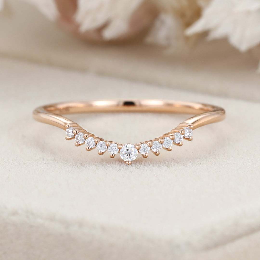 Unique Simple Diamond wedding band women Stacking ring Rose gold Curved wedding band Handmade Matching band custom Promise gift for her