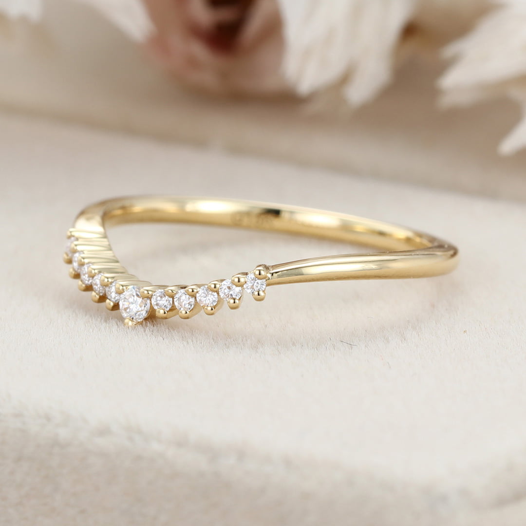 Unique Simple Diamond wedding ring Yellow gold Curved wedding band band women Stacking ring Handmade Matching band custom Promise gift