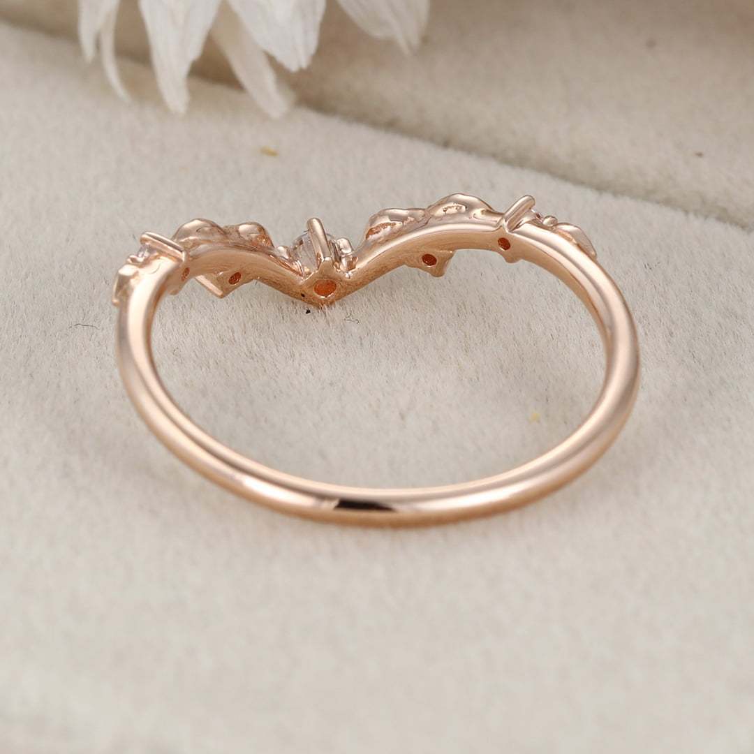 Unique Vintage Moissanite wedding ring Rose gold Diamond Curved wedding band Art deco Leaf Matching Stacking band Promise band for women