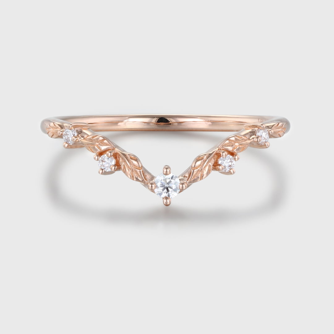 Unique Vintage Moissanite wedding ring Rose gold Diamond Curved wedding band Art deco Leaf Matching Stacking band Promise band for women