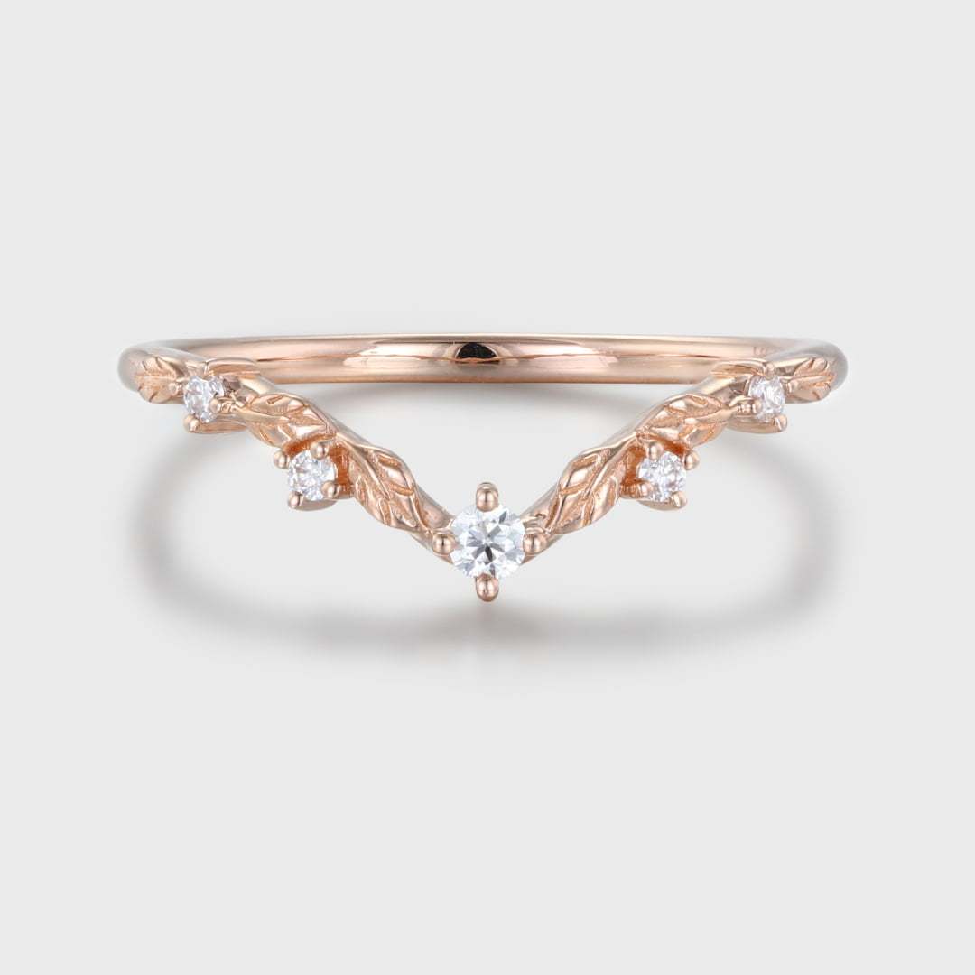 Unique Vintage Moissanite wedding ring Rose gold Diamond Curved wedding band Art deco Leaf Matching Stacking band Promise band for women