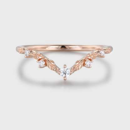 Unique Vintage Moissanite wedding ring Rose gold Diamond Curved wedding band Art deco Leaf Matching Stacking band Promise band for women