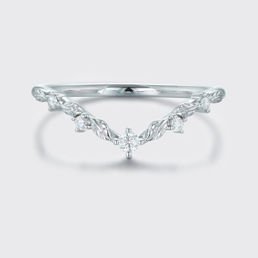 Unique Vintage Moissanite wedding ring White gold Diamond Curved wedding band Art deco Leaf Matching Stacking band Promise band for women