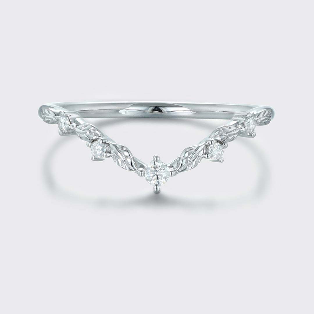 Unique Vintage Moissanite wedding ring White gold Diamond Curved wedding band Art deco Leaf Matching Stacking band Promise band for women