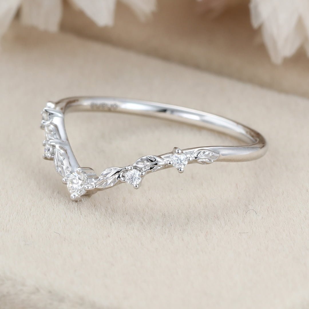 Unique Vintage Moissanite wedding ring White gold Diamond Curved wedding band Art deco Leaf Matching Stacking band Promise band for women