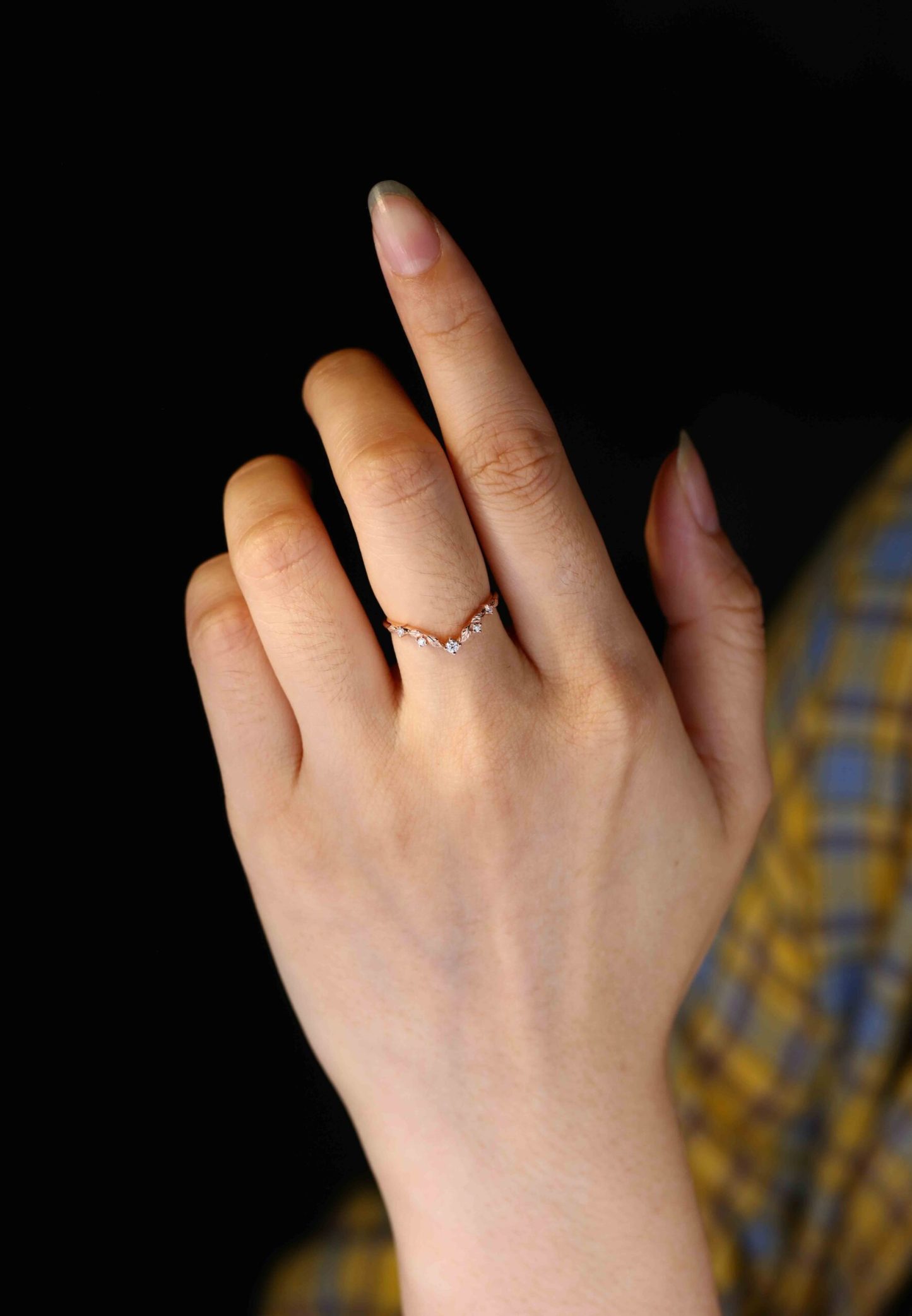Unique Vintage Moissanite wedding ring Rose gold Diamond Curved wedding band Art deco Leaf Matching Stacking band Promise band for women