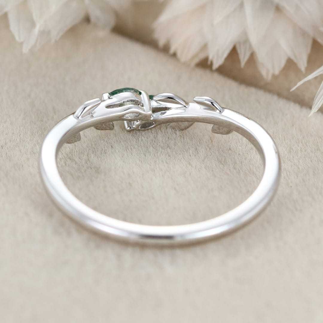 Unique White Gold Wedding Band Open Wedding Band Art Deco Marquise Moss Agate Leaf Wedding Ring Vintage Promise Anniversary Gift