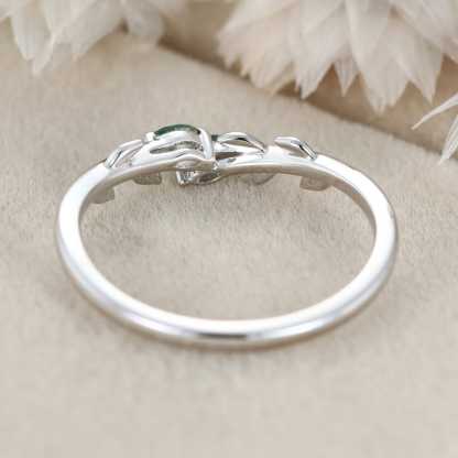 Unique White Gold Wedding Band Open Wedding Band Art Deco Marquise Moss Agate Leaf Wedding Ring Vintage Promise Anniversary Gift