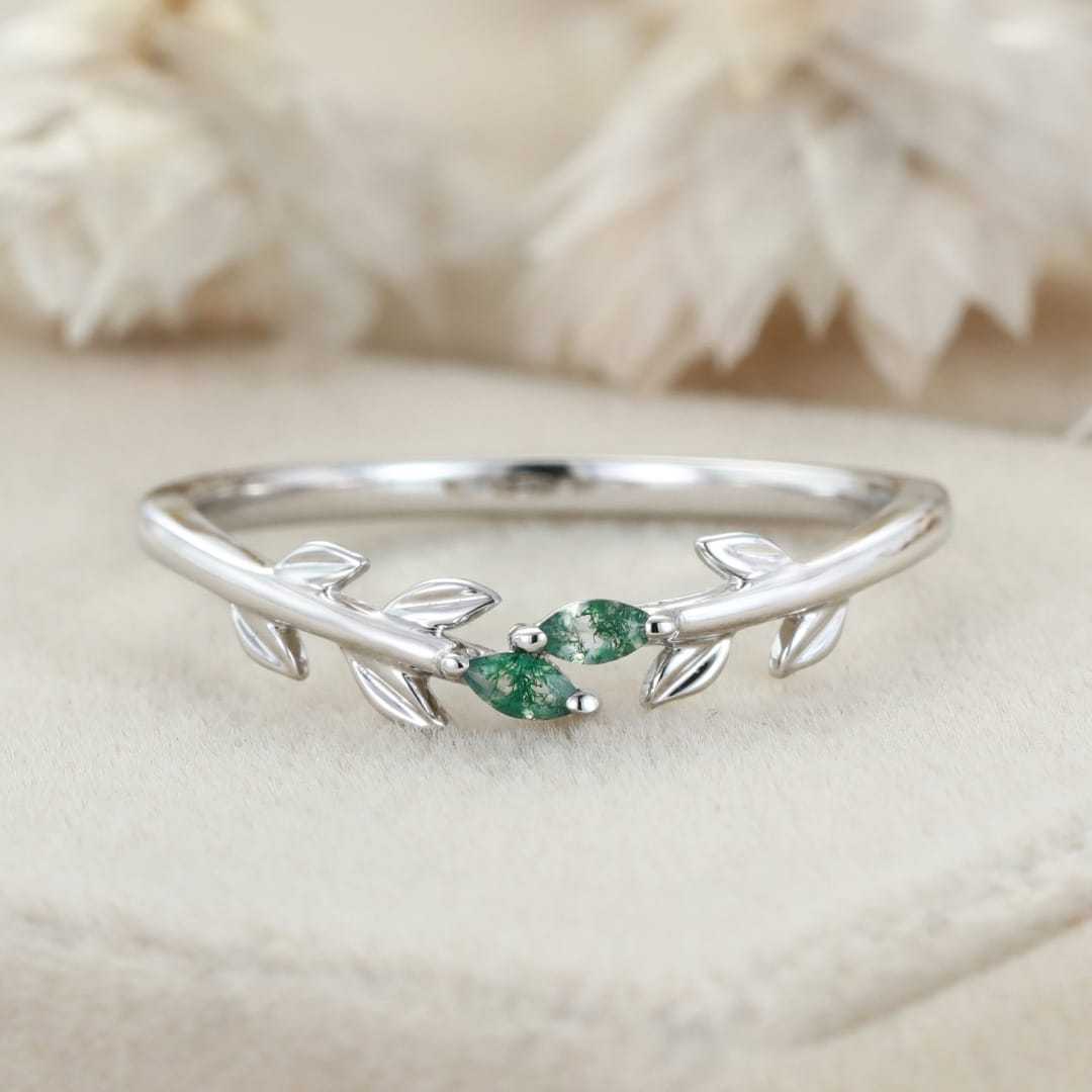 Unique White Gold Wedding Band Open Wedding Band Art Deco Marquise Moss Agate Leaf Wedding Ring Vintage Promise Anniversary Gift