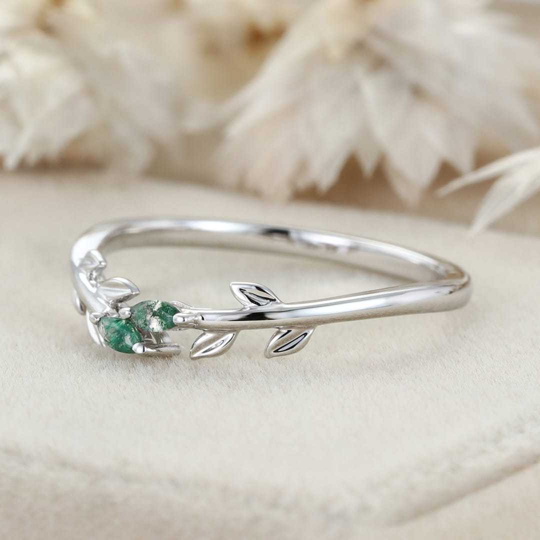 Unique White Gold Wedding Band Open Wedding Band Art Deco Marquise Moss Agate Leaf Wedding Ring Vintage Promise Anniversary Gift