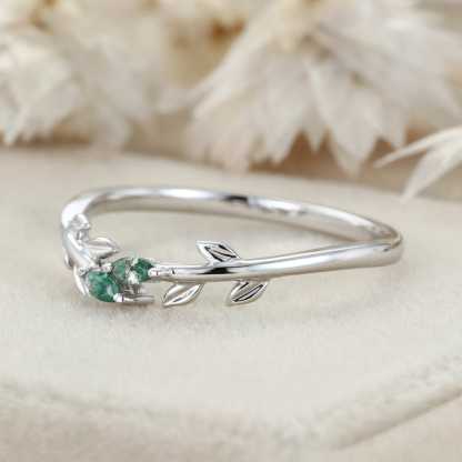 Unique White Gold Wedding Band Open Wedding Band Art Deco Marquise Moss Agate Leaf Wedding Ring Vintage Promise Anniversary Gift