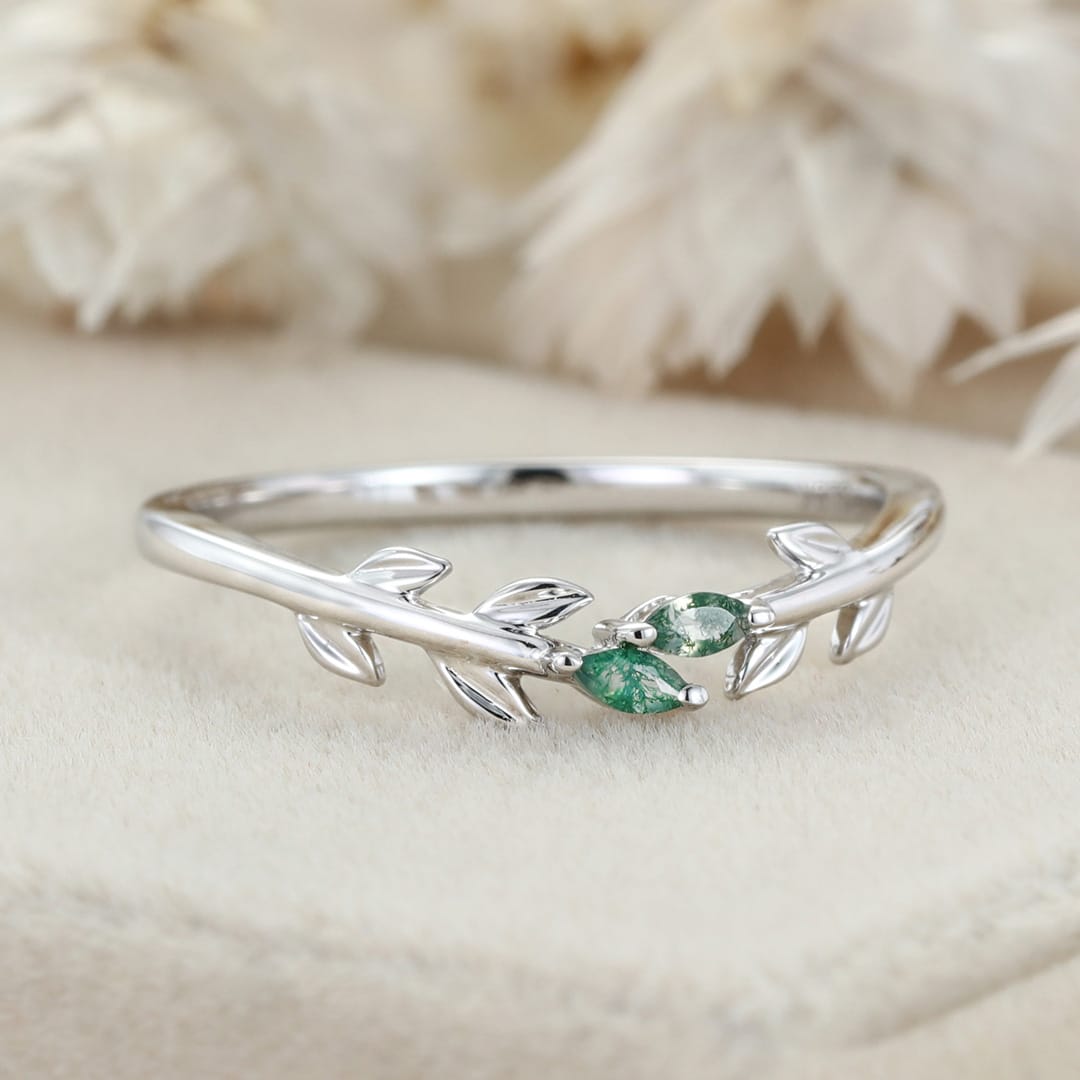 Unique White Gold Wedding Band Open Wedding Band Art Deco Marquise Moss Agate Leaf Wedding Ring Vintage Promise Anniversary Gift