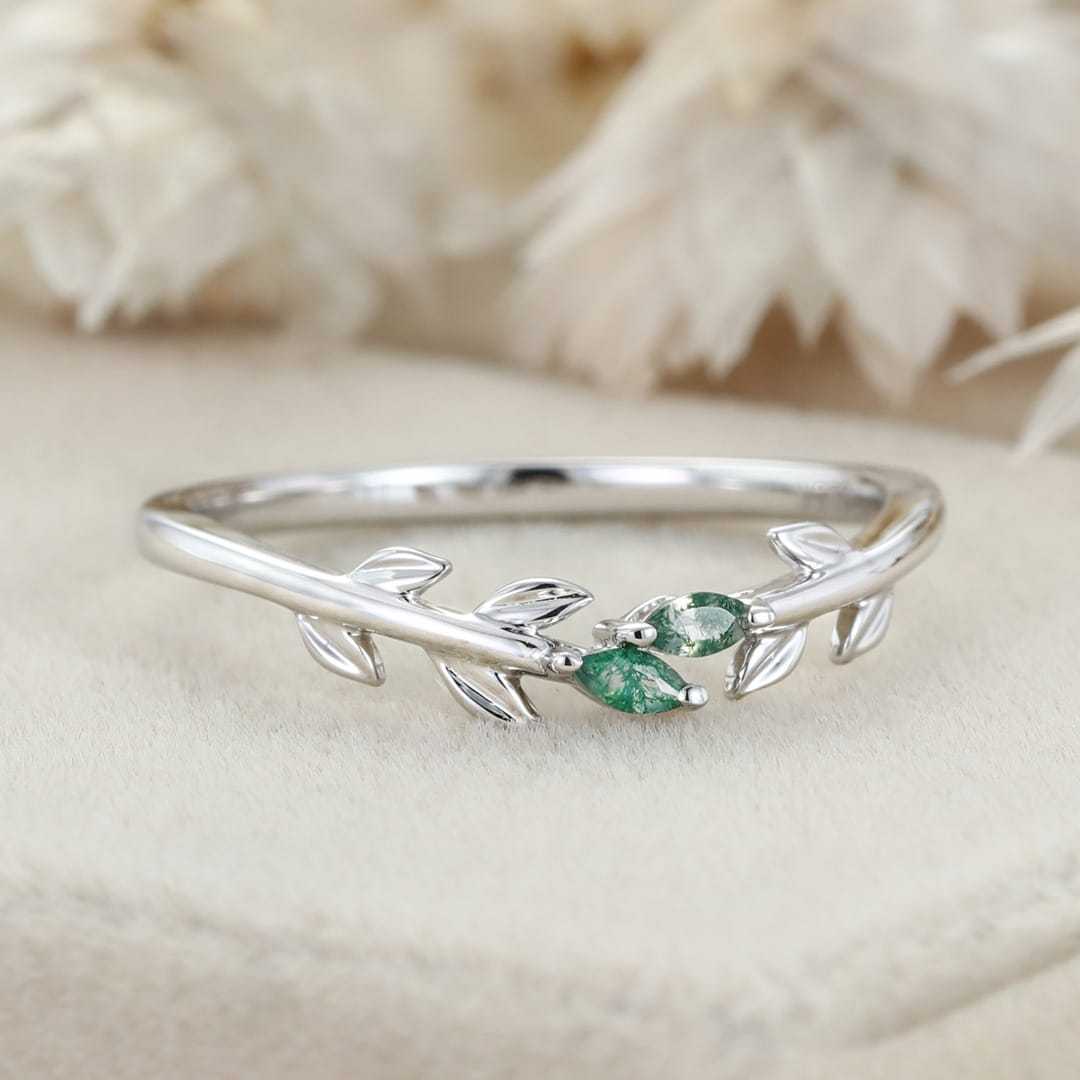 Unique White Gold Wedding Band Open Wedding Band Art Deco Marquise Moss Agate Leaf Wedding Ring Vintage Promise Anniversary Gift