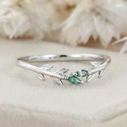 Unique White Gold Wedding Band Open Wedding Band Art Deco Marquise Moss Agate Leaf Wedding Ring Vintage Promise Anniversary Gift