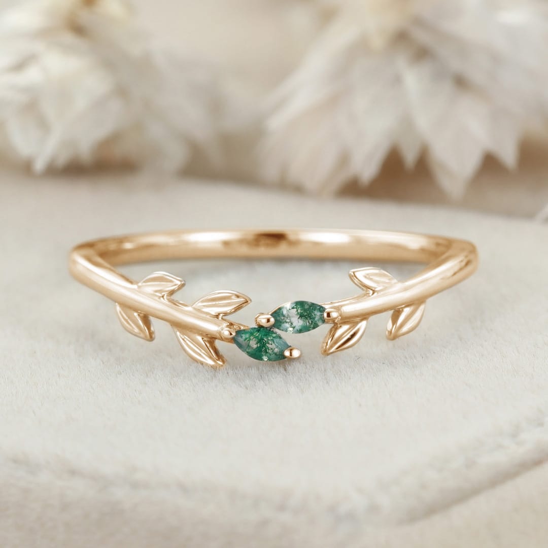 Unique White Gold Wedding Band Open Wedding Band Art Deco Marquise Moss Agate Leaf Wedding Ring Vintage Promise Anniversary Gift