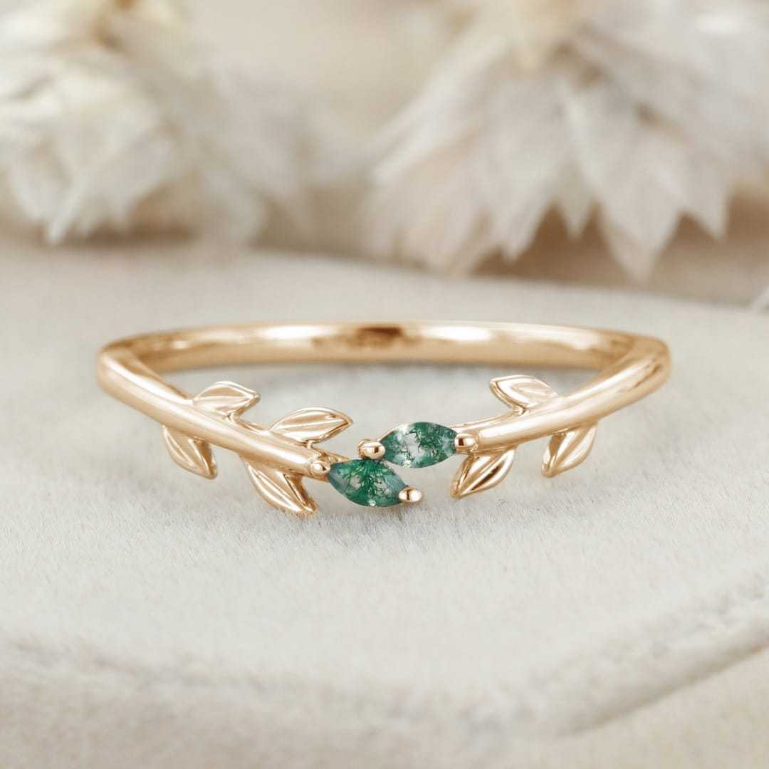 Unique White Gold Wedding Band Open Wedding Band Art Deco Marquise Moss Agate Leaf Wedding Ring Vintage Promise Anniversary Gift