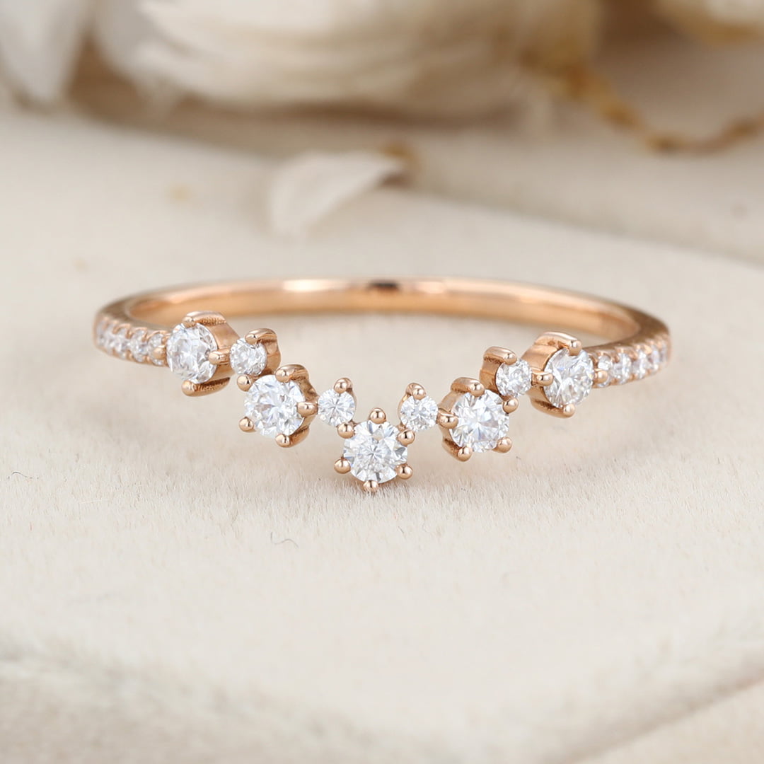 Unique curve wedding band vintage rose gold Moissanite band women half Eternity Matching band Diamond Anniversary gift