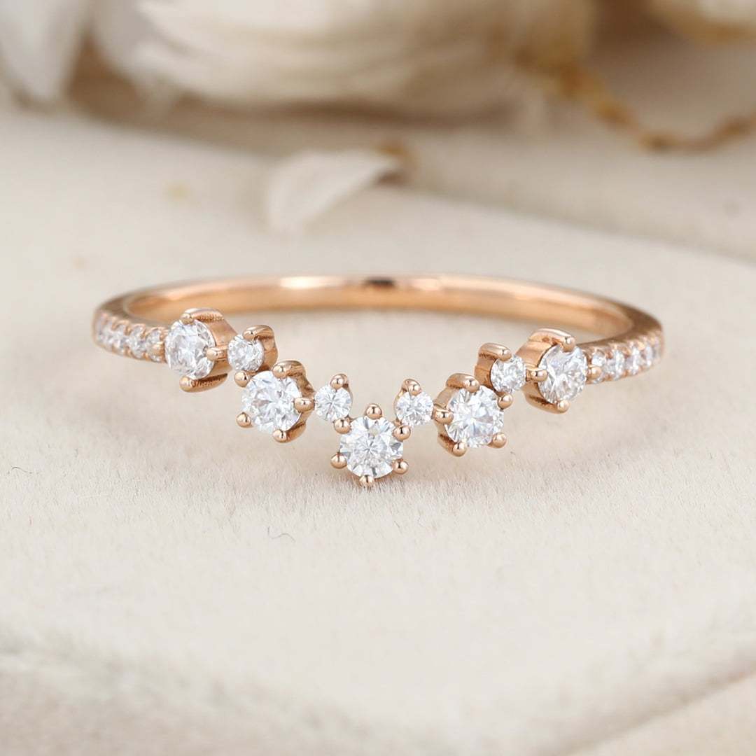 Unique curve wedding band vintage rose gold Moissanite band women half Eternity Matching band Diamond Anniversary gift