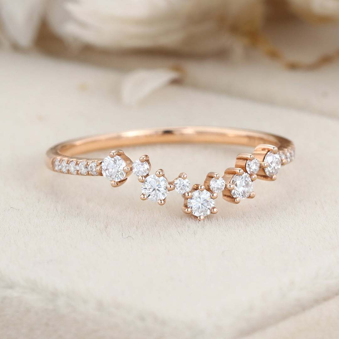 Unique curve wedding band vintage rose gold Moissanite band women half Eternity Matching band Diamond Anniversary gift