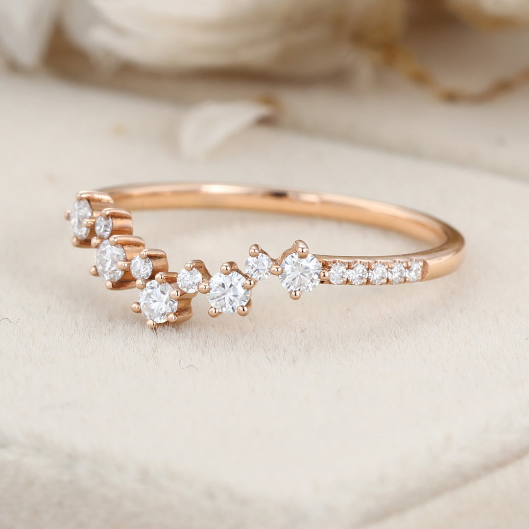 Unique curve wedding band vintage rose gold Moissanite band women half Eternity Matching band Diamond Anniversary gift