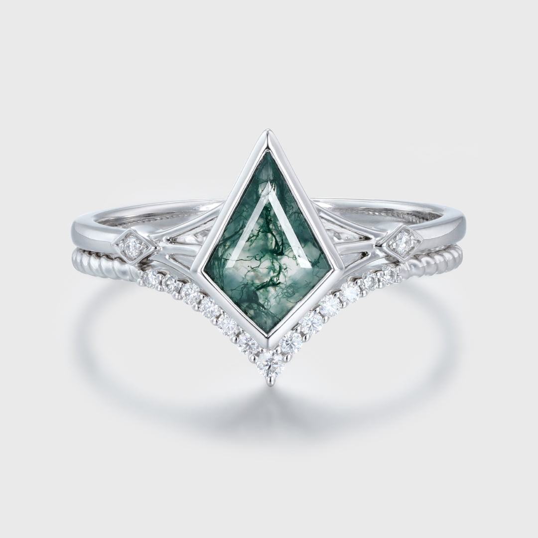 Unique kite cut Natura moss agate engagement ring set White gold engagement moissanite ring for women vintage bridal wedding ring set gift