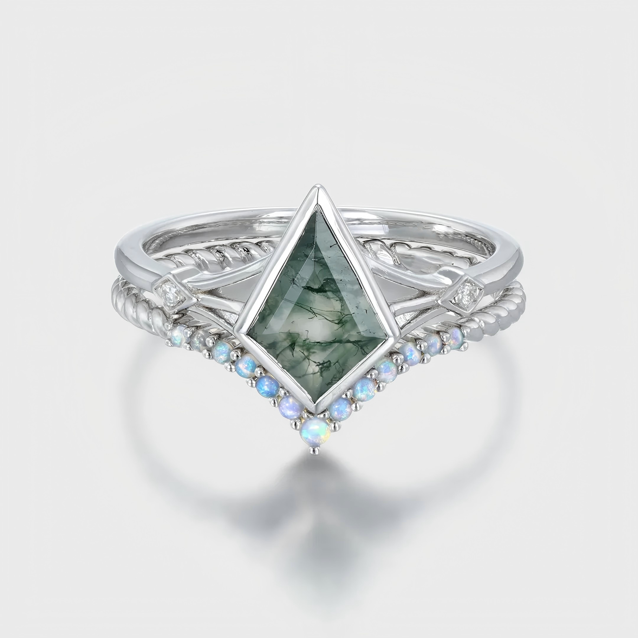 Unique Kite Cut Green Moss Agate Engagement Ring Set – White Gold Opal Wedding Band for Women